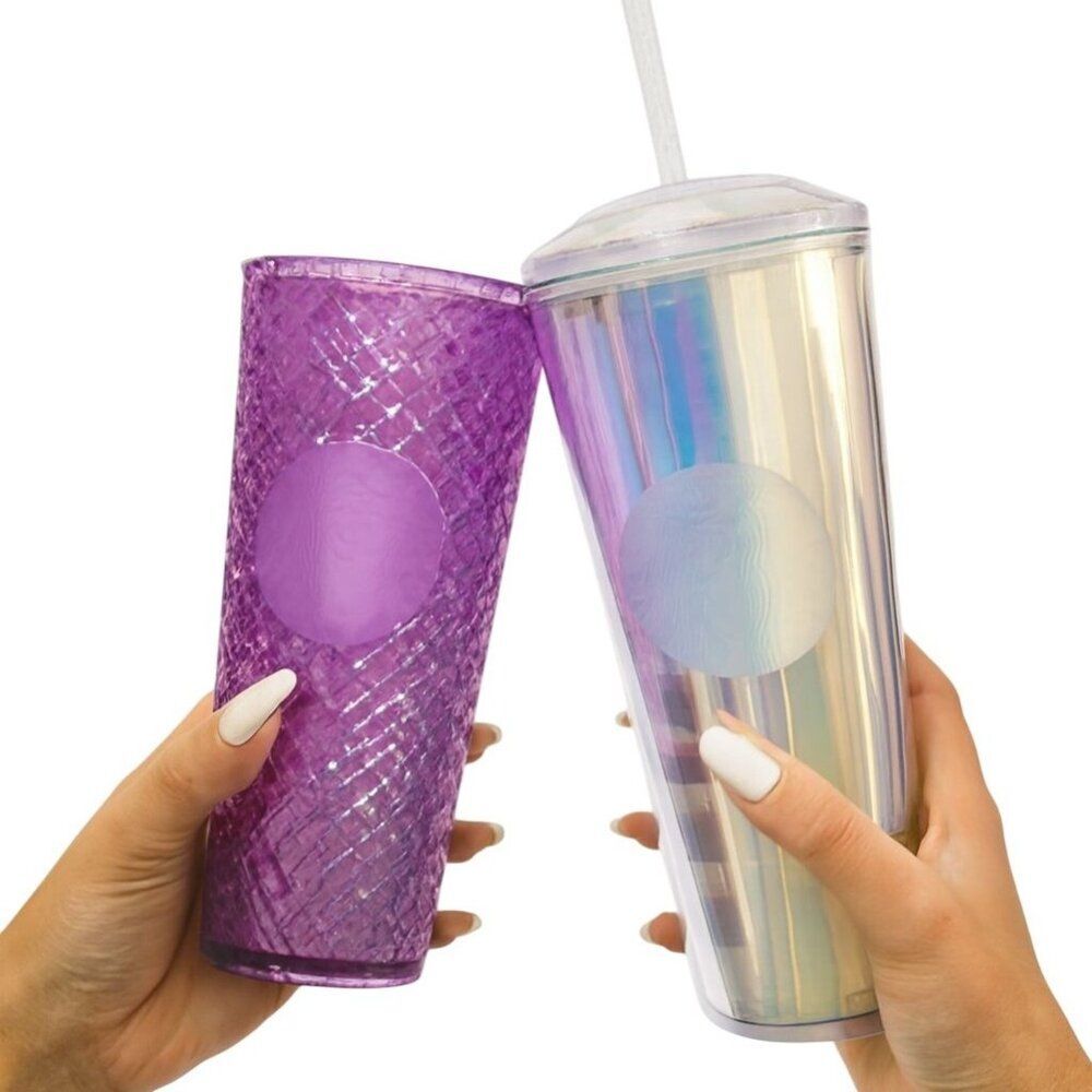 2 Starbucks Travel Cold Cup Iridescent Diamond Unicorn Purple Taffy Venti 24 oz